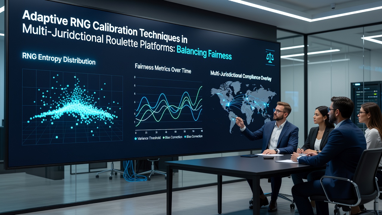 Analytics dashboard showing retention curves alongside RNG calibration adjustments in a multi-jurisdictional setup