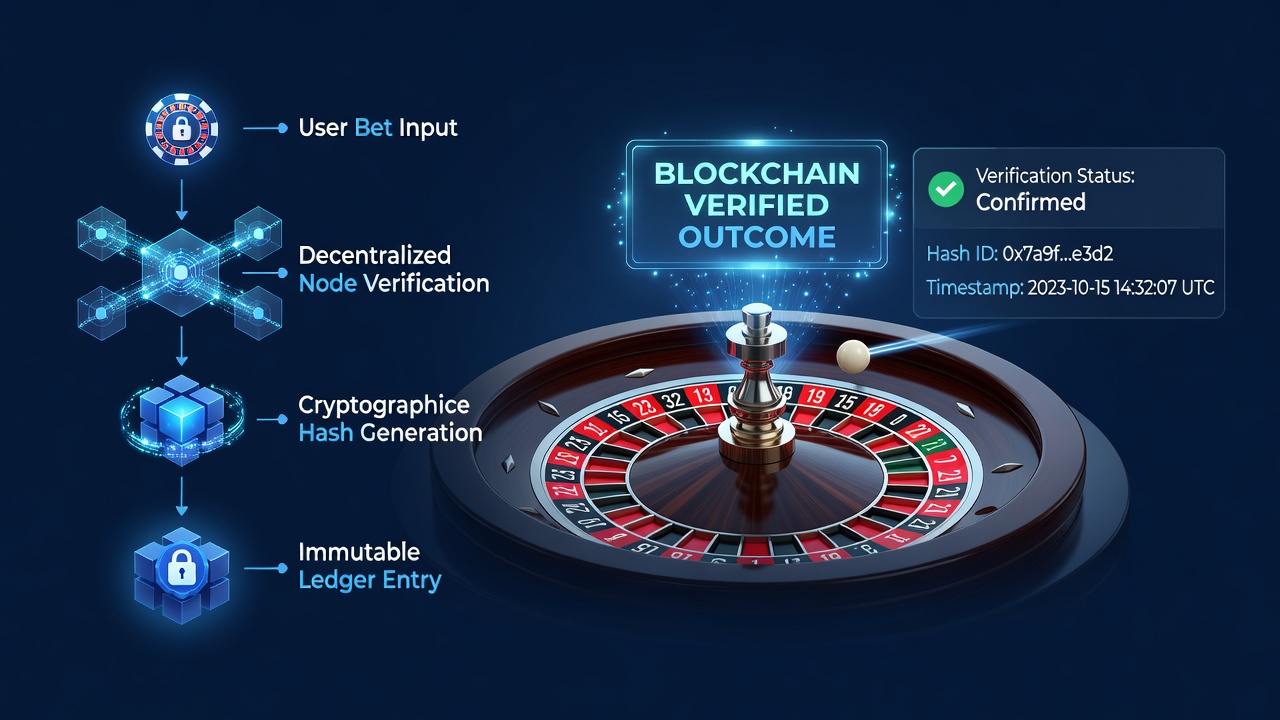 Casino server room with blockchain nodes monitoring roulette game servers and encrypted data streams