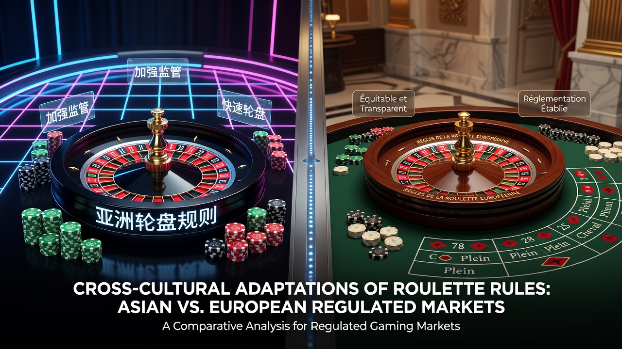 Roulette wheel comparison showing European single-zero layout alongside Asian market table variations with cultural design elements