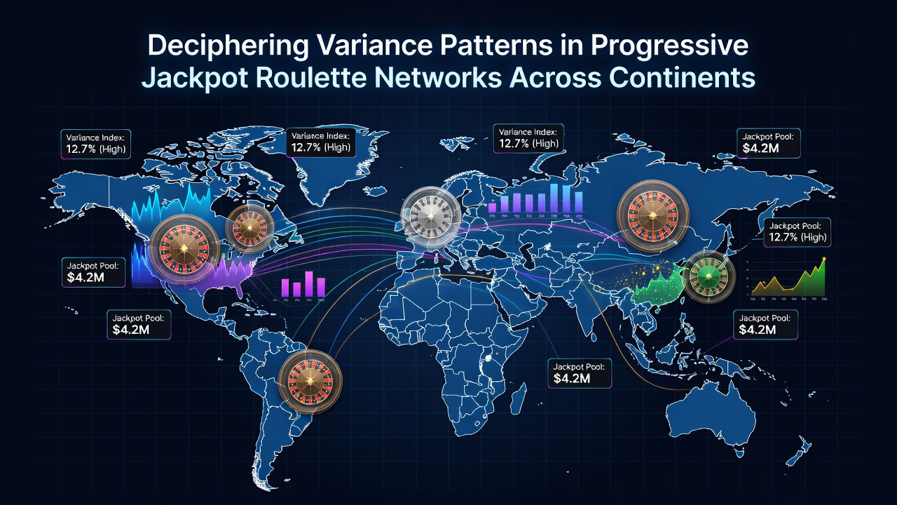 Global map highlighting interconnected progressive jackpot roulette networks spanning Europe, Asia, North America and Australia with data flow indicators