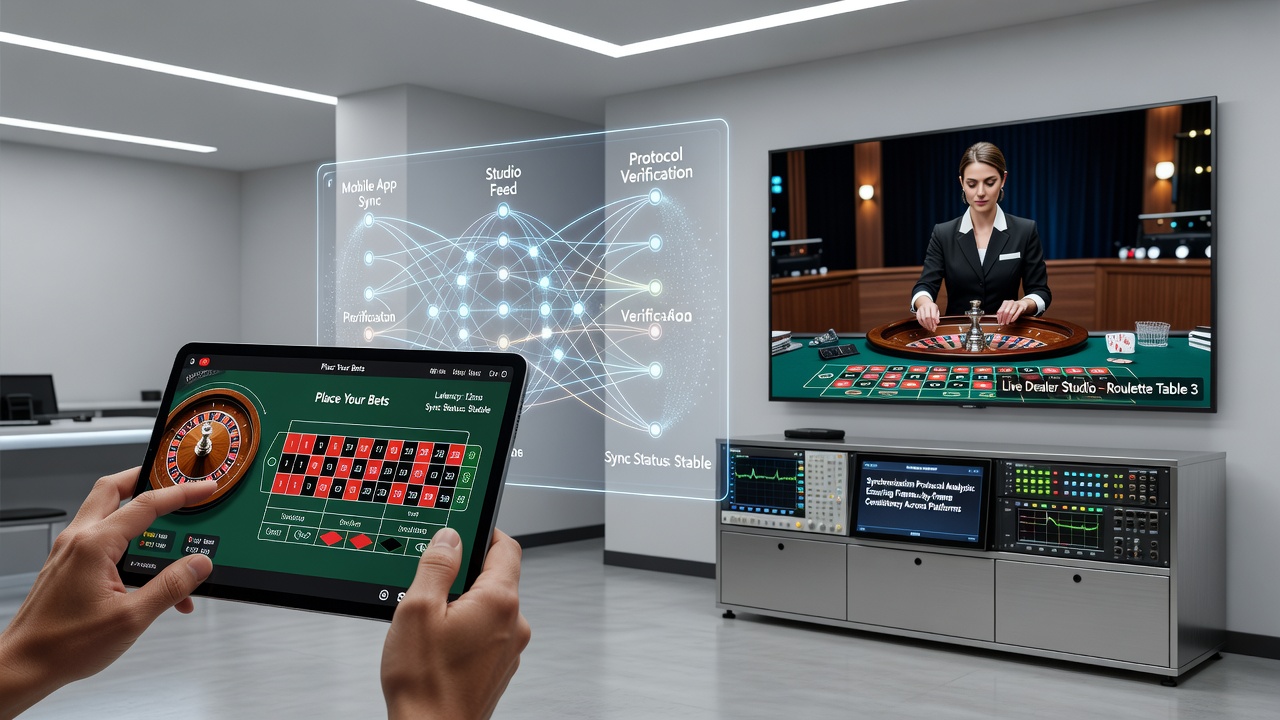 Mobile application displaying synchronized live roulette feed from a professional studio environment