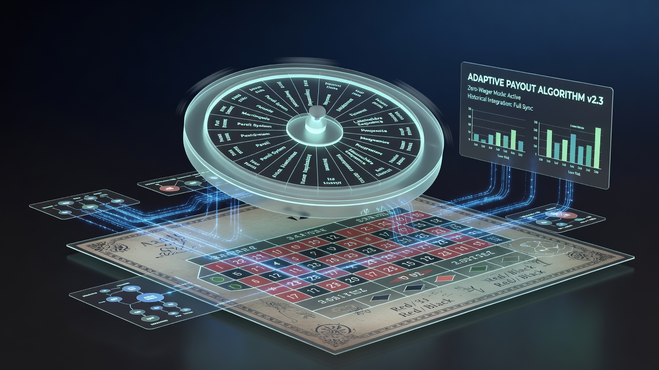 Digital wheel simulation interface displaying historical betting grids overlaid on a virtual roulette wheel in a zero-wager environment