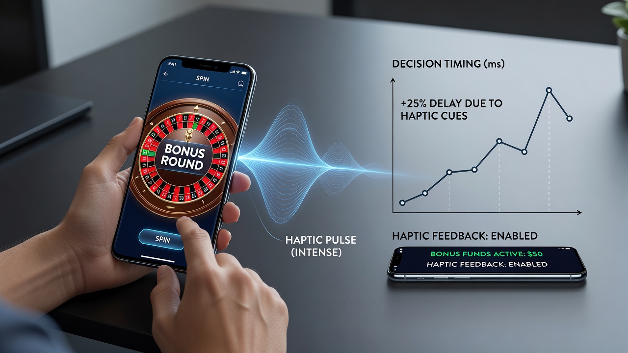 Close-up view of a smartphone roulette wheel animation paired with haptic vibration waveform overlay