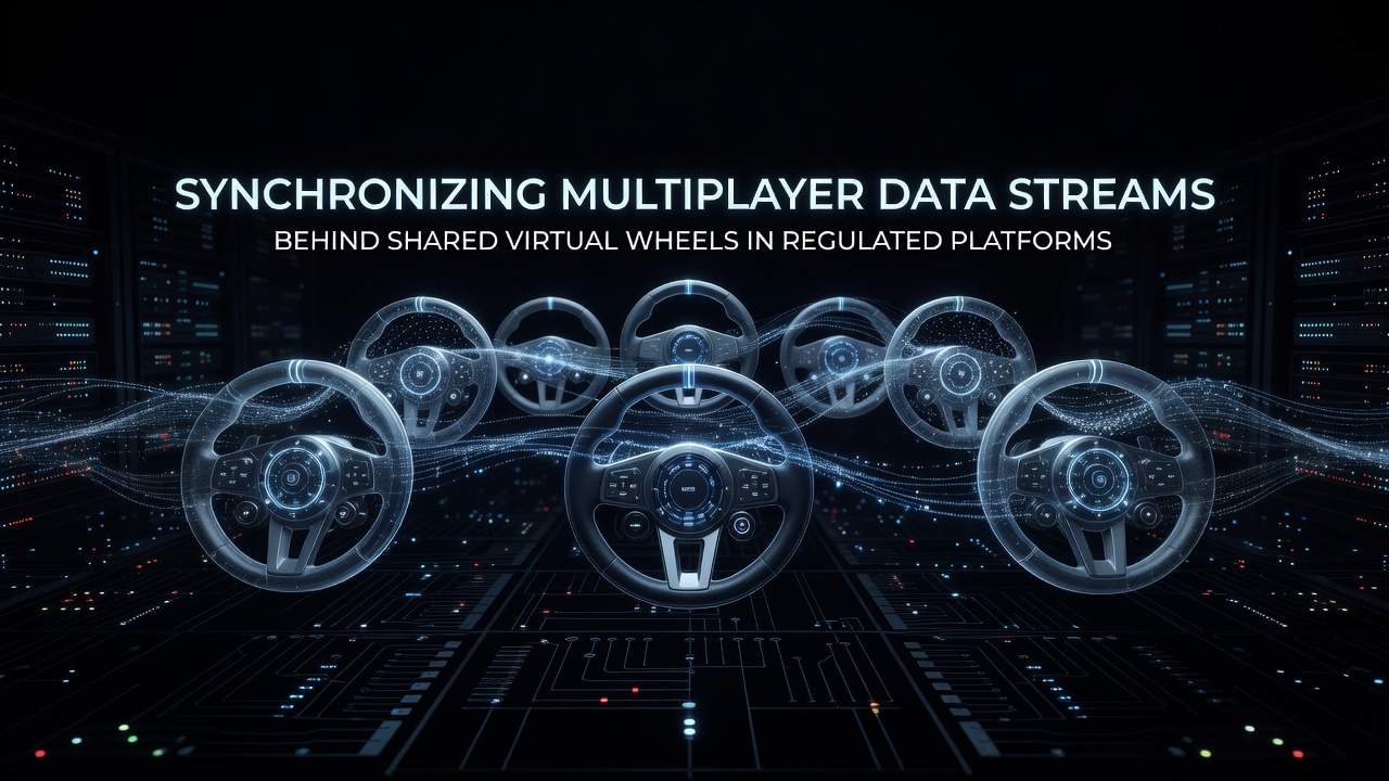 Multiplayer virtual wheel interface showing synchronized data streams across player screens in a regulated gaming platform
