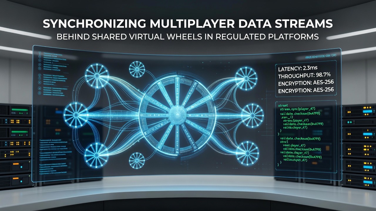 Server infrastructure diagram illustrating data replication and latency controls for shared virtual wheel platforms