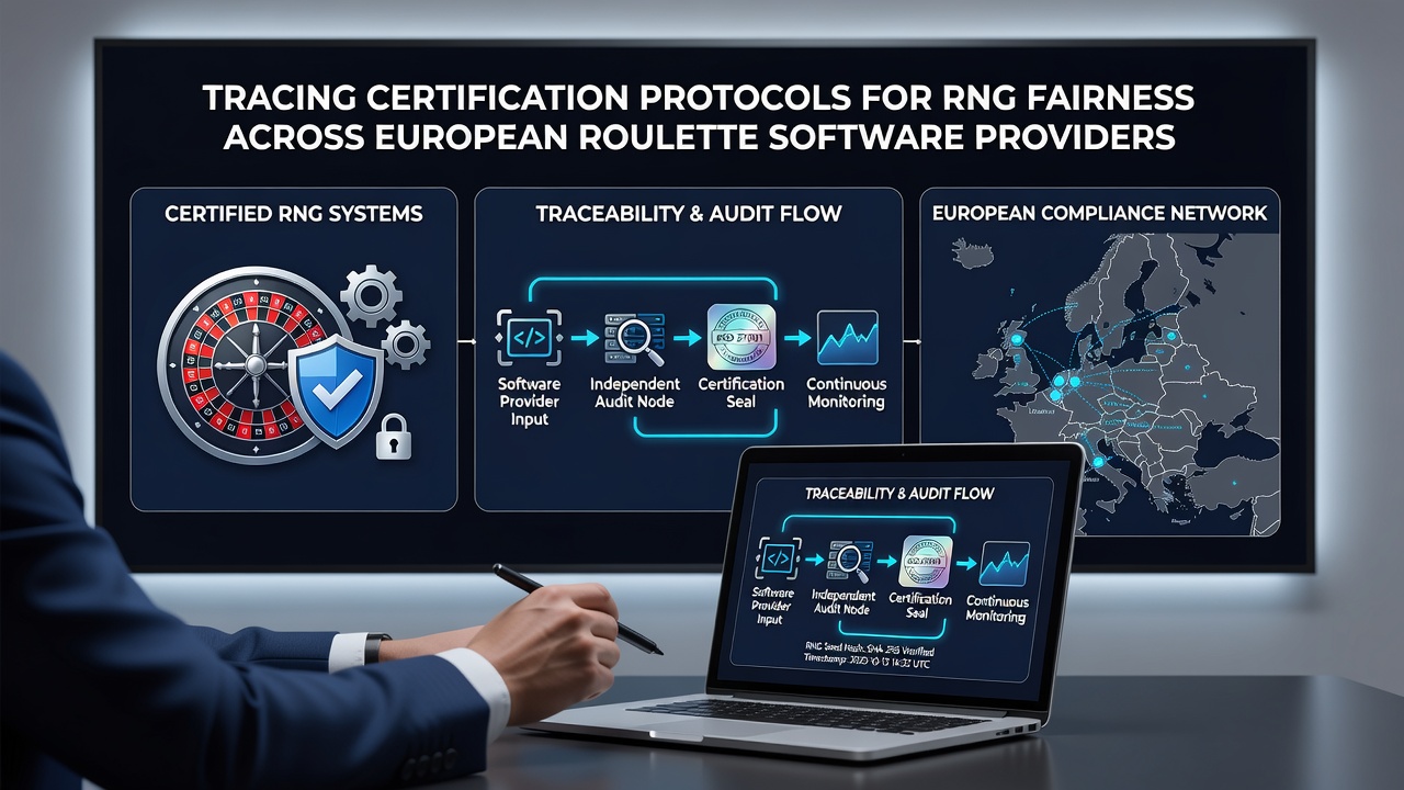Roulette software interface displaying certified RNG fairness metrics and audit logs